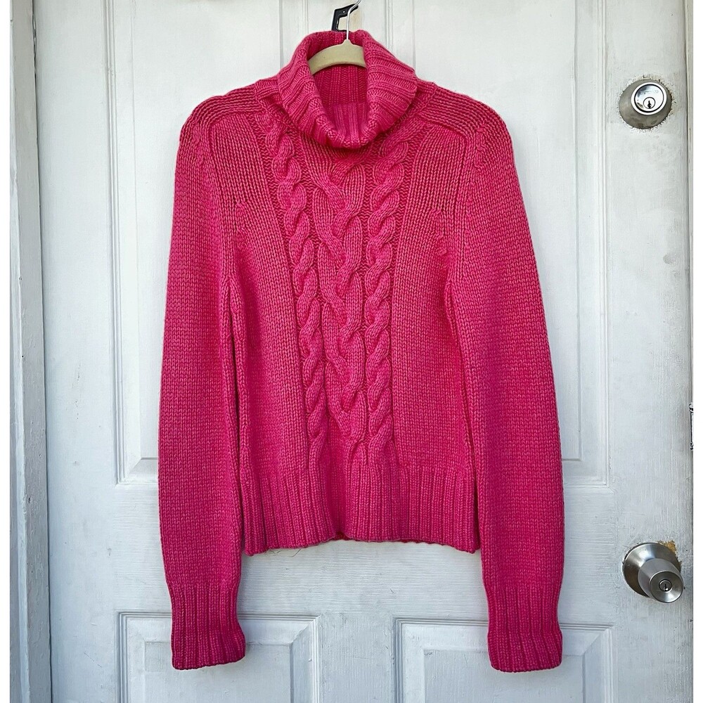 Express L Pink Fuchsia Cable Knit Sweater Merino Wool Angora Cashmere Cowl Neck - Picture 2 of 11